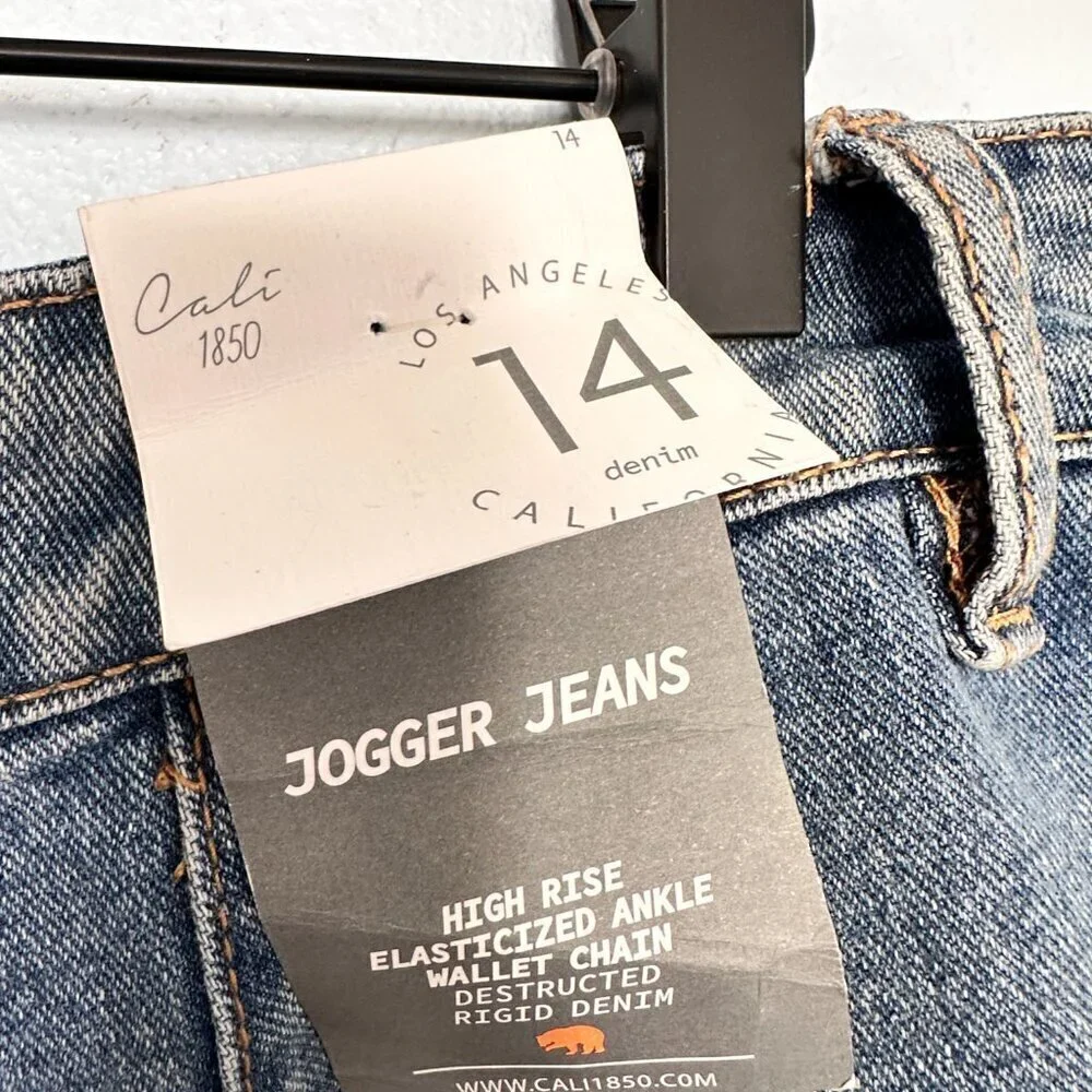 NWT Cali 1850 Jogger Jeans High Rise Destructed Rigid Denim 14 - Picture 4 of 6